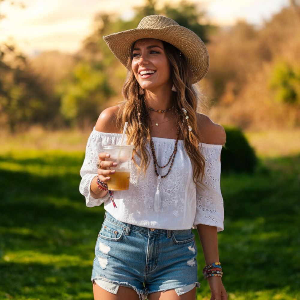 Natural Raffia Straw Cowboy Hat Adjustable Hippie Festival Wire Brim OSFM